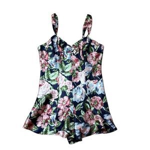 90s Vintage Cacique Floral Teddy playsuit romper blue and pink satin medium